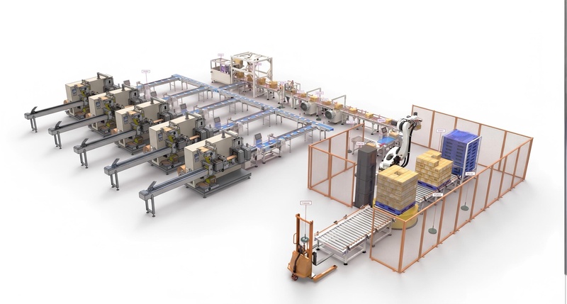 Complete horizontal form fill seal packaging line running in production