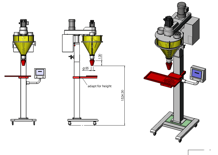 Three-view dimensional drawing of the auger powder filler