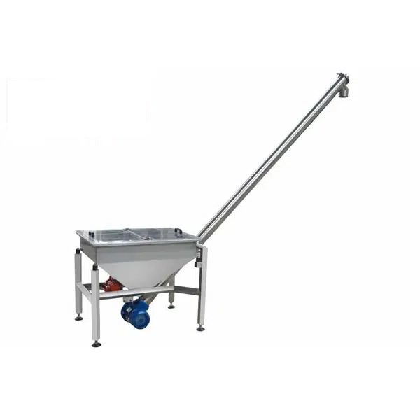Stainless screw conveyor feeding powder into a packaging machine
