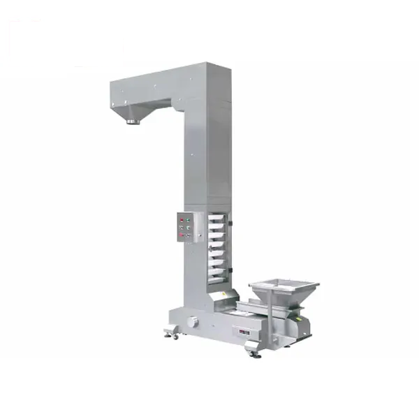 Z bucket elevator for vertical lifting of granules, snacks and frozen food into a packaging machine